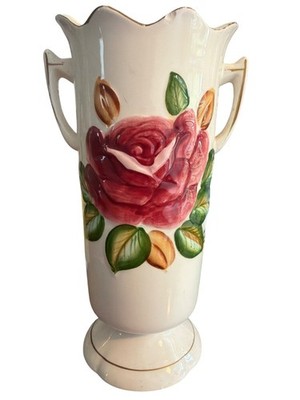Vintage Hand Painted Tilso Ceramic Vase Raised Rose Leaf Double Handle 53/668 8''