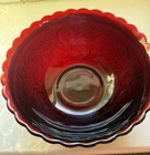 Vintage Anchor Hocking Ruby Red Glass Sandwich Scalloped Bowl 8 1/4”