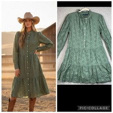 Gap eyelet midi dress M olive green tiered skirt boho cottage coastal dainty