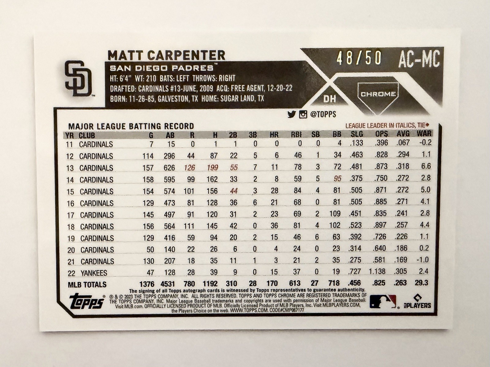 2023 Topps Chrome #AC-MC MATT CARPENTER Auto Gold Wave /50 Autograph Padres SP view 2