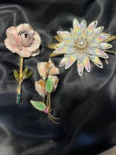 Vintage Lot Of 3 Pink Metal Flower Brooches- Weiss, Austria