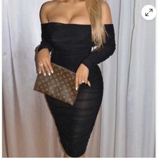 House of CB Black Ruched Mesh Off Shoulder Long Sleeve Bodycon Dress