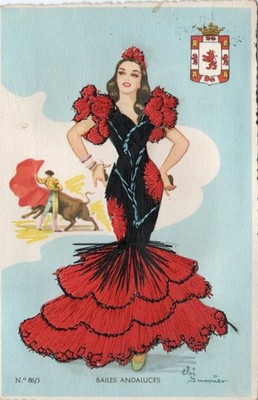 Vtg Embroidered Flamenco Dancer Postcard Sevilla Spain 1955 Baile Andaluz