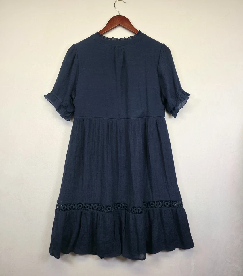 Vestido feminino rosa índigo L azul borla acabamento em renda babado em camadas boho camponês chique - Imagem 3 de 4
