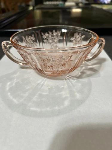 Pink Depression Glass Condiment Candy Dish with Handles and Floral Design
