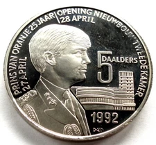 NETHERLANDS, PRINS VAN ORANJE 5 DAALDERS 1992 UNC Proof 38mm 27g CuNi. E19.4