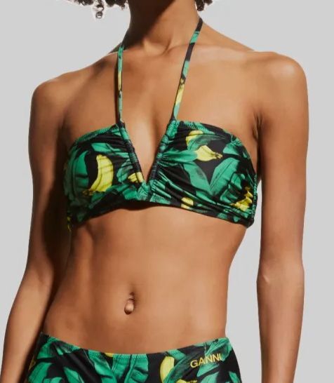 $146 Ganni Women's Green Printed Halter Bikini Top Swimwear Size