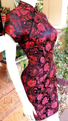Asia-China/Japan Qipao/Geisha Mini-Kleid Cheongsam Schwarz/Rot Gr.36/38 - Picture 3 of 6
