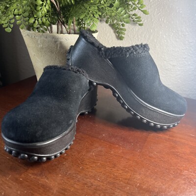 Rocket Dog Clogs Sz Black Leather Slip On Shoes Fleece Lined Chunky Suede  Y2K