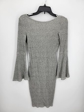 Lulus Dress Womens Medium Gray Long Bell Sleeve Sheath Stretch Low Back Boho