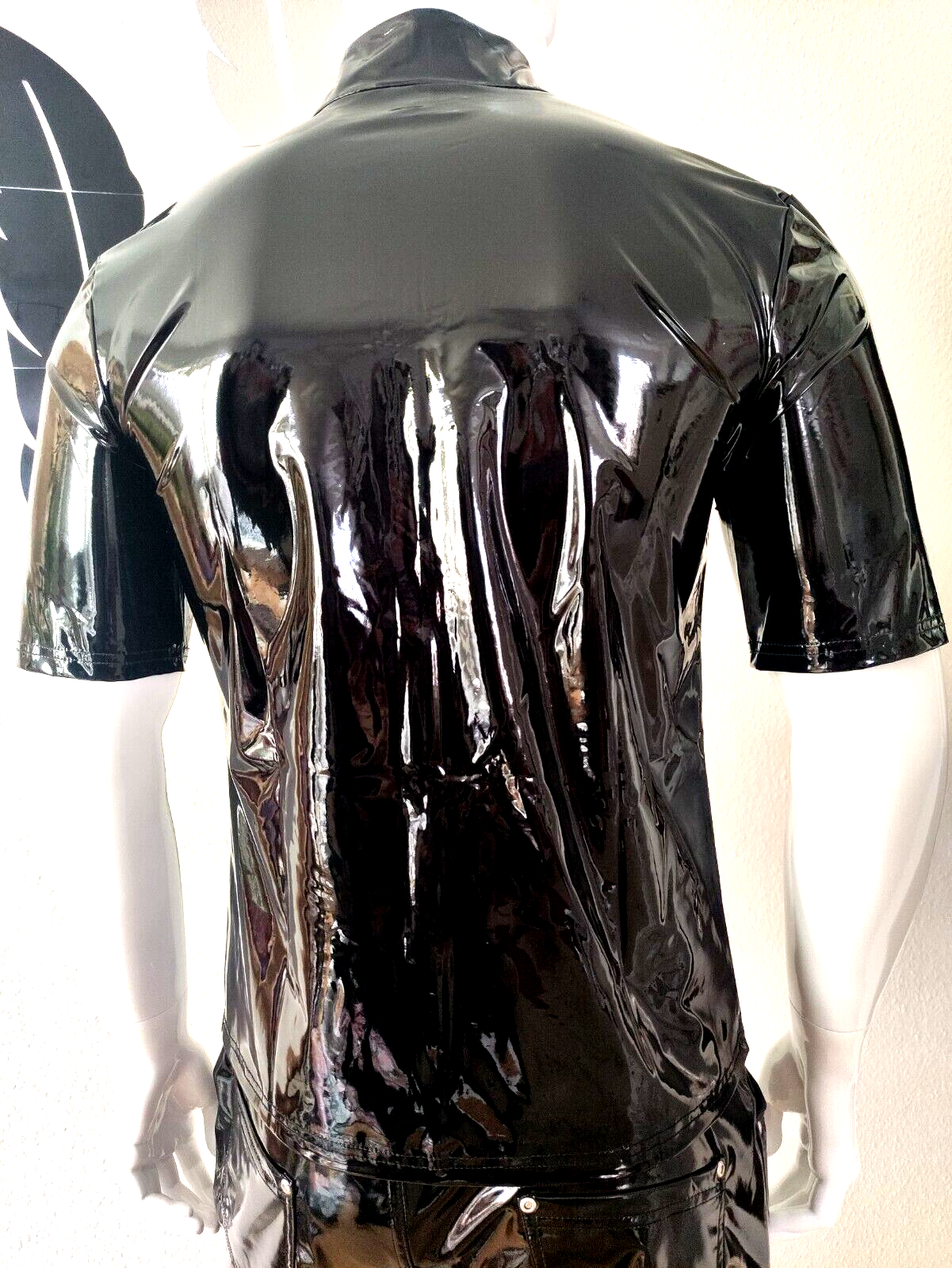 ALTRA Camicia in pelle verniciata lucida nuova per uomo manica corta vernice sexy cerniera lucida a specchio nera 7XL