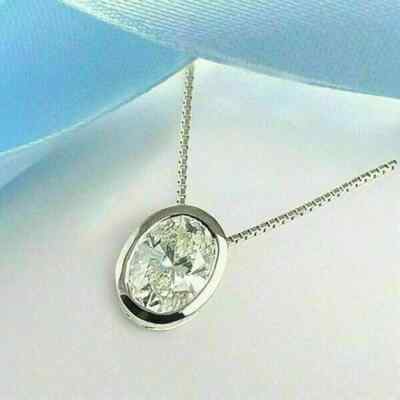 3Ct Oval Cut Moissanite 14k White Gold Plated 925 Bezel Solitaire Pendant