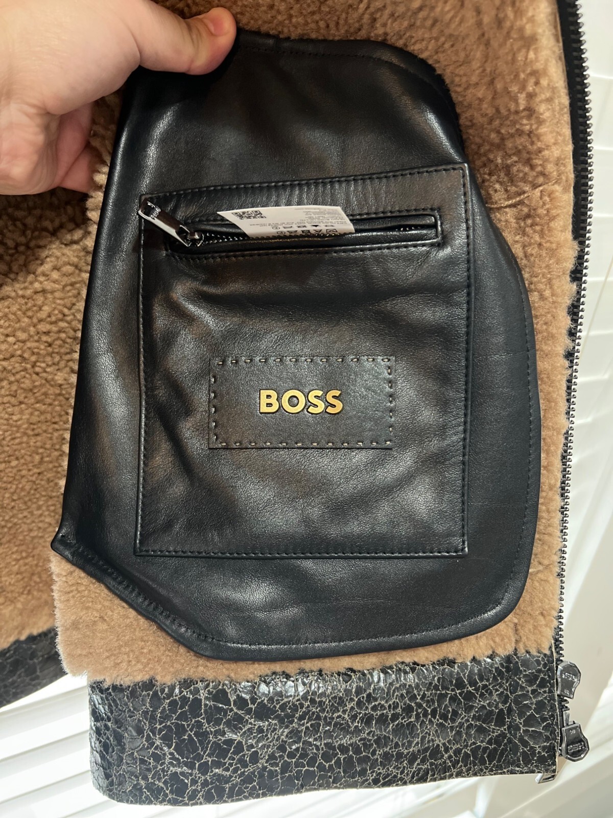 HUGO BOSS Mens Black Textured Leather Shearling Collar Aviator Jacket NWT  42R image 7