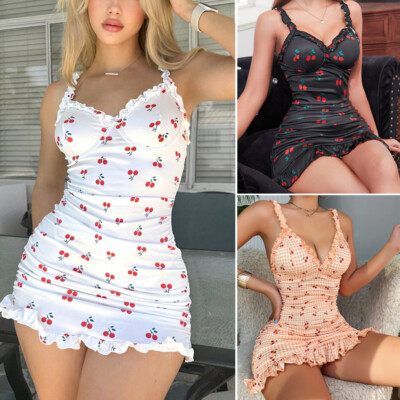 Women Spaghetti Strap Bodycon Camisole Sexy Party ClubWear Cami Deep V Dress US