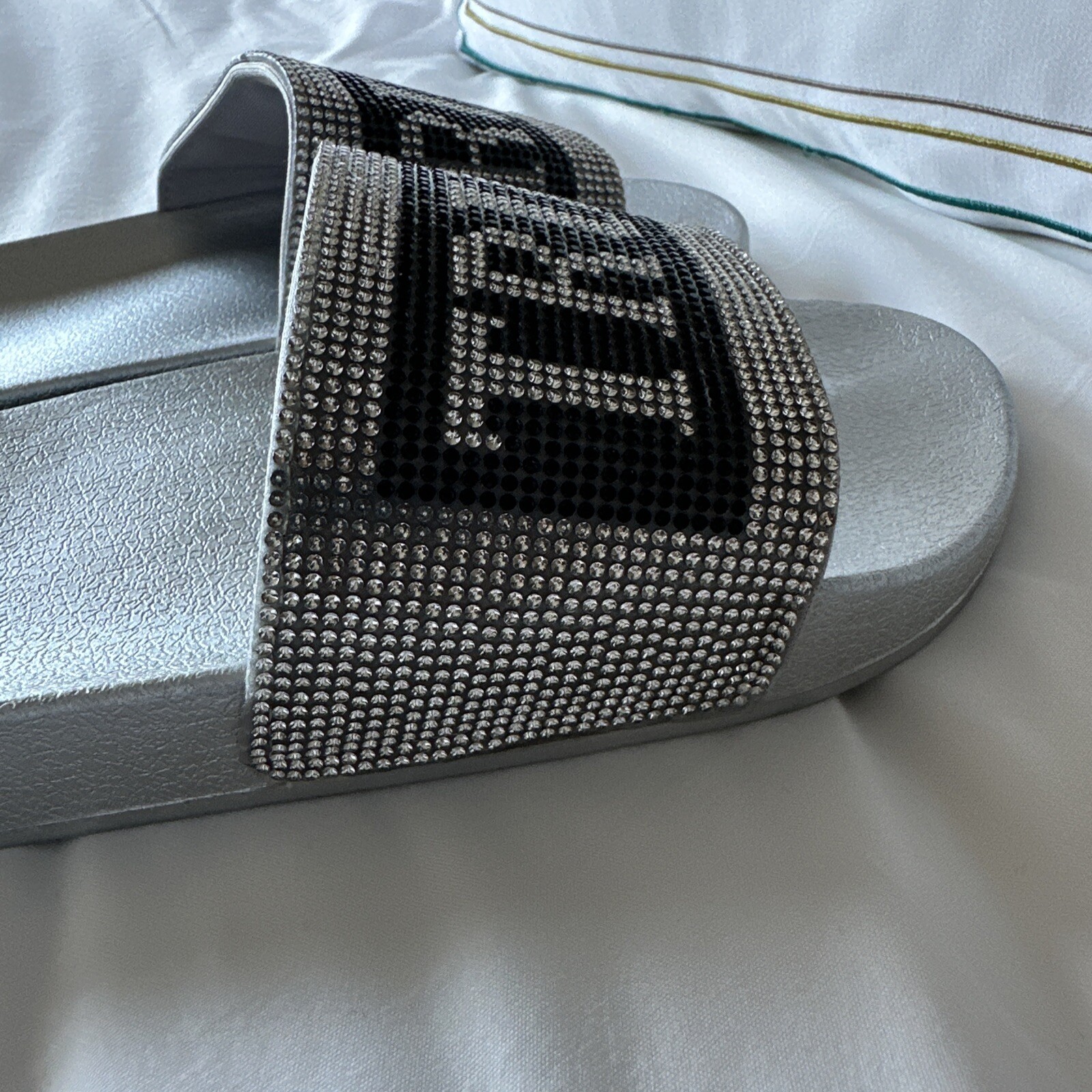 NEW True Religion Jasmine Sandals “Bling” Rhinestone Silver Black Slides Women 8 image 10