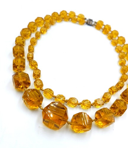 VTG ART DECO Hand Cut Crystal AMBER GLASS CUBE Hand Knotted Sterling NECKLACE