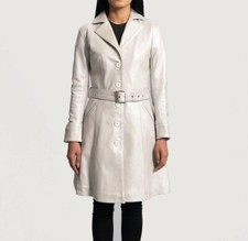 Women's White Trench Coat 100 Real Lambskin Leather Long Overcoat Belted Jacket