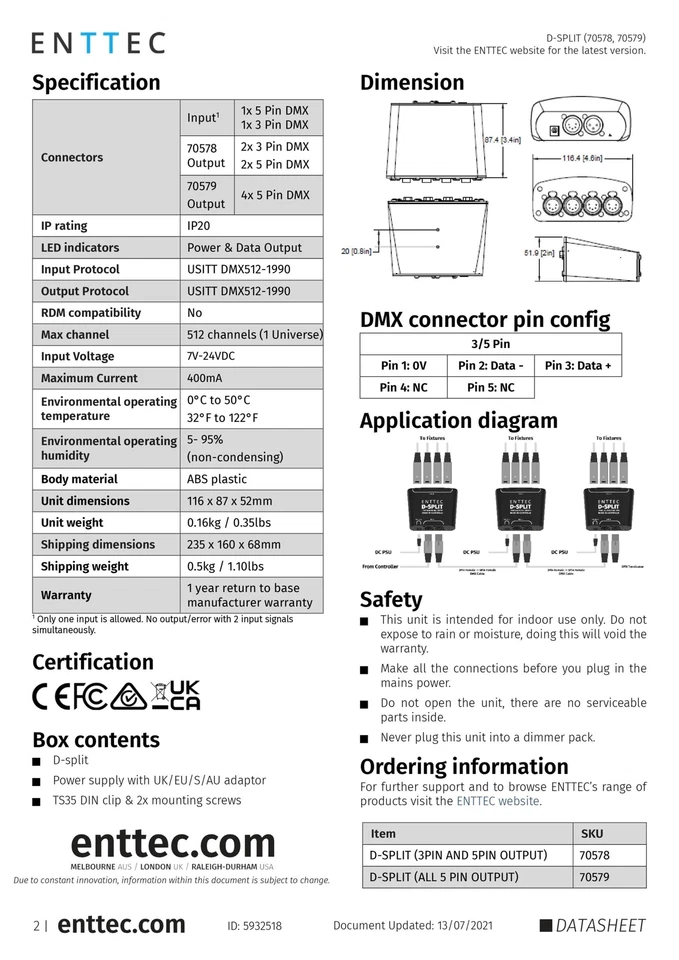 Enttec D-Split 70578, 4 Port DMX Isolated Splitter & Repeater (3/5-Pin) - Image 4 of 4
