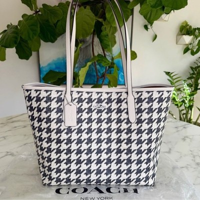 NWT Coach City Tote With Houndstooth Print CJ696 Cream Black Plaid Silver
