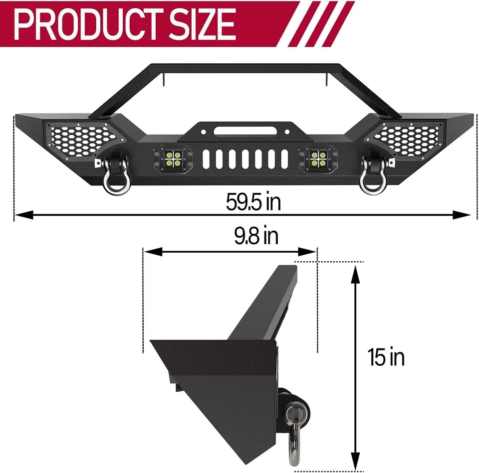 Front Bumper for 2007-2018 Jeep Wrangler JK/JKU, LED Lights & D-Rings,Heavy-Duty Foto 3 de 4