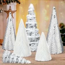 6 Pcs White Feather Christmas Cone Tree 10.5" 8" 6" Cone Pedestal Decor Silve...