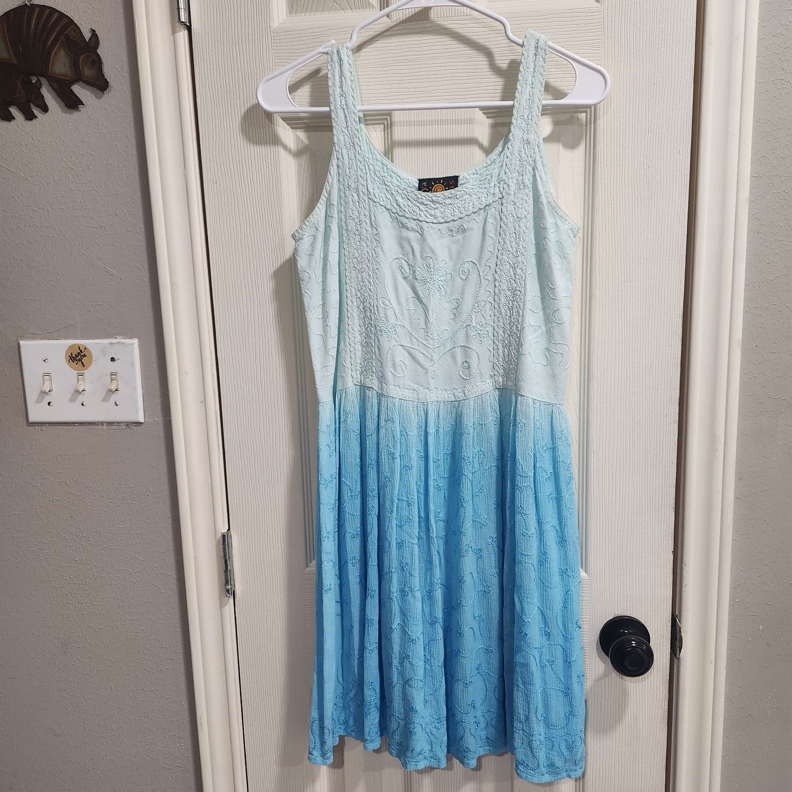 Boho Embroidered Ombré Dress M Blue Cotton Rayon Sleeveless Festival