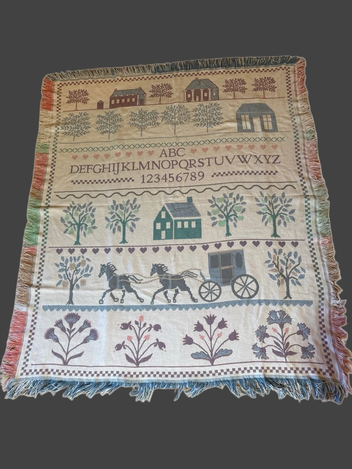Corona Artesanía 100% Algodón Muestreador de Alfabeto Country Tapiz Manta Flecos Foto 2 de 4