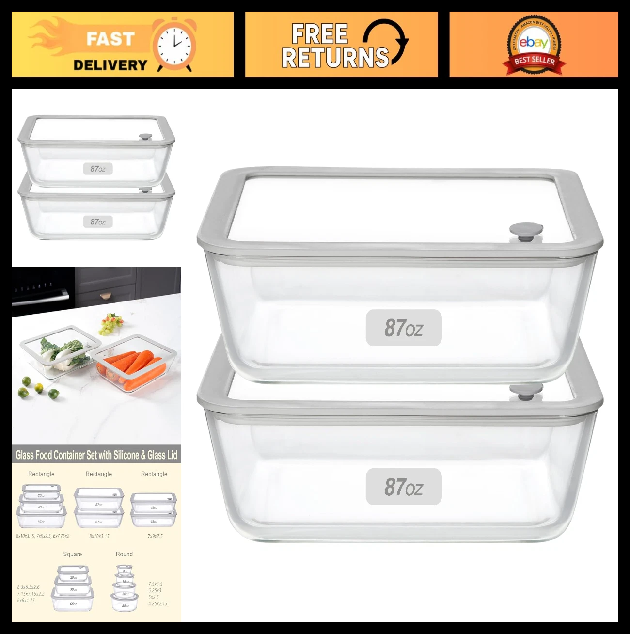 Glass Food Storage Containers with Lids, 2 Pack 87oz, Airtight Leak Proof
