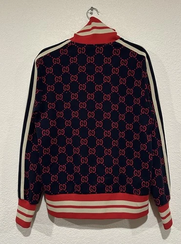 Gucci Men's L Cotton GG Logo Print Full Zip Stand-Up Collar Jacket Navy Red image 2