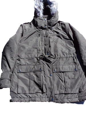 GGLEAF Women's Black Puffer Jacket Quilted Lining Fur Trimmed Hood Size L
