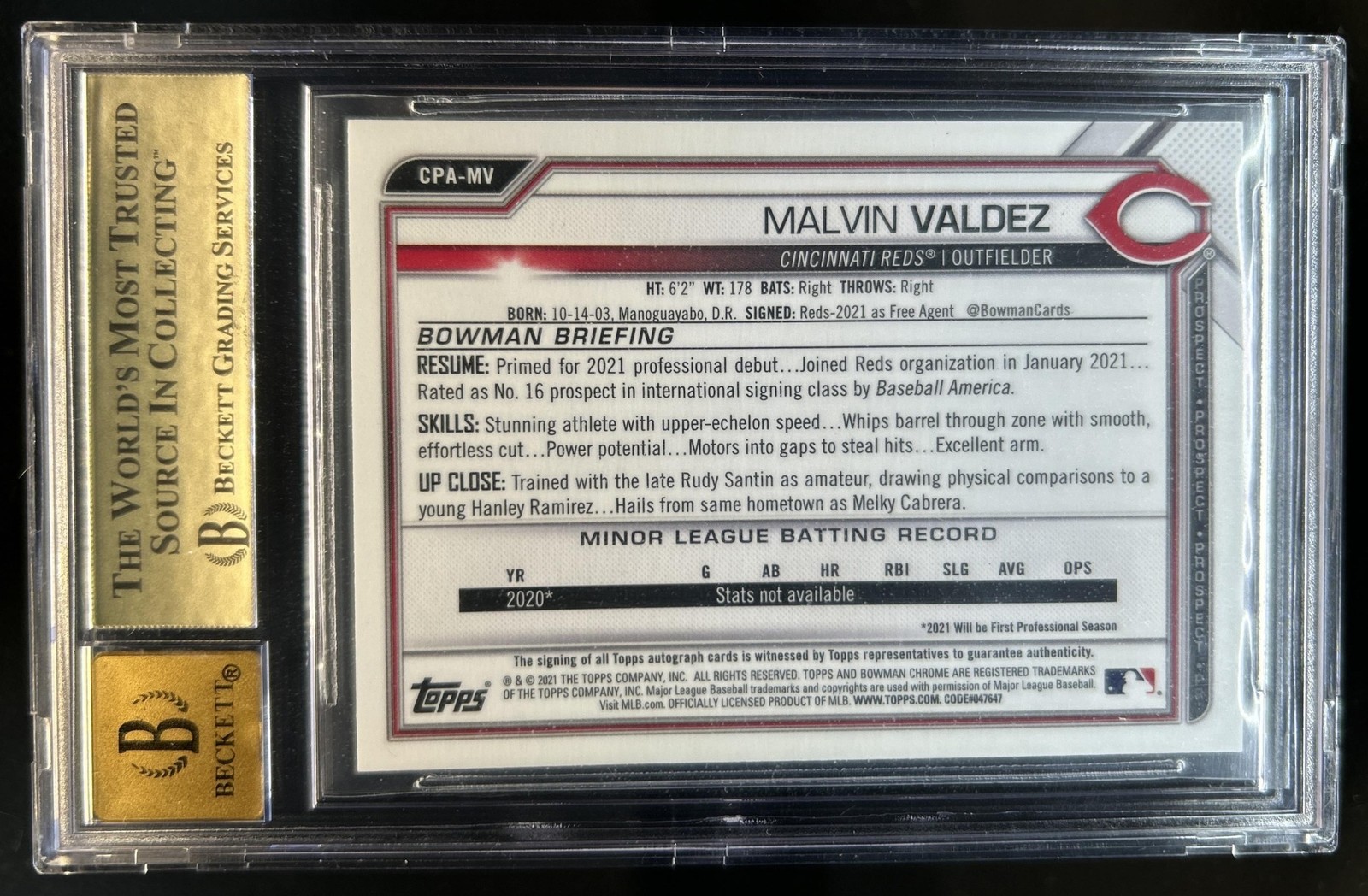 2021 Bowman Chrome Malvin Valdez Auto SuperFractor 1st #1/1 Reds BGS 9.5/10 view 2