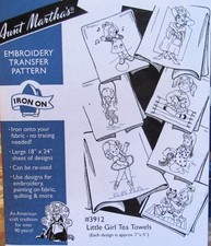 Aunt Marthas 3912 Little Girls Tea Towels 7 Designs Embroidery Transfer Pattern