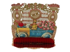 Antique Valentine’s Day Card Stand Up Die Cut Honeycomb Child Driving Car