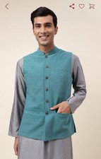 NWT Fabindia Men Sleeveless Modi Jacket Vest Nehru Collar Woven Cotton Teal Blue