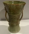 Vintage Brush Pottery 8" Green & Sienna Drip 2 Handled Ribbed Vase USA 579 McCoy