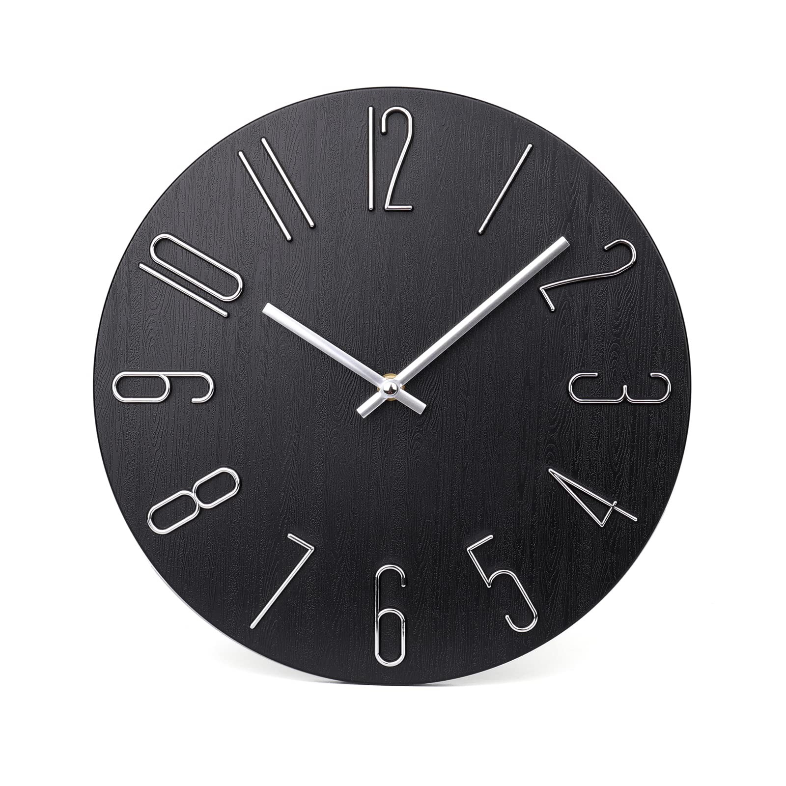 12 Inch Black Wall Clock Modern Plastic Wooden Decor Silent NonTicking