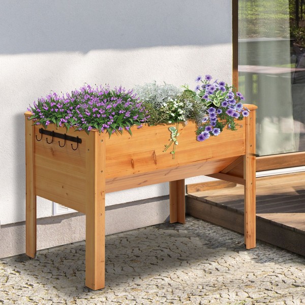 Outsunny Hochbeet Aus Holz KräUterbeet Mit Abflussloch Haken FüßEn Pflanzkasten-image