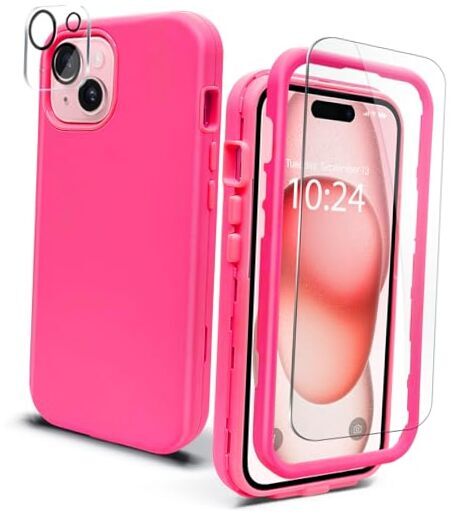 Full Body Protective Hybrid 3 Layers Rugged for iPhone 15 Case - 6.1 Hot Pink