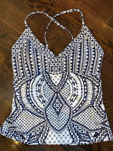 Jessica Simpson Tankini Women Blue White Cross Back Size L Swim Top Swimsuit