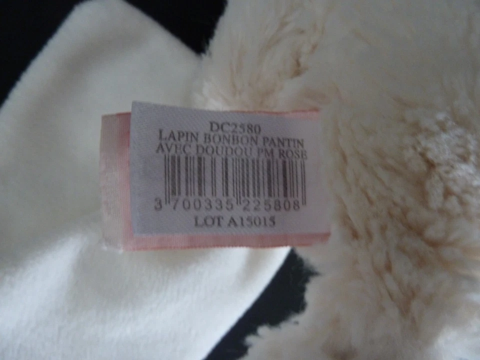 T5. DOUDOU ET COMPAGNIE Mon tout petit LAPIN BONBON MOUCHOIR BLANC ROSE 17c TTB - Photo 3/3