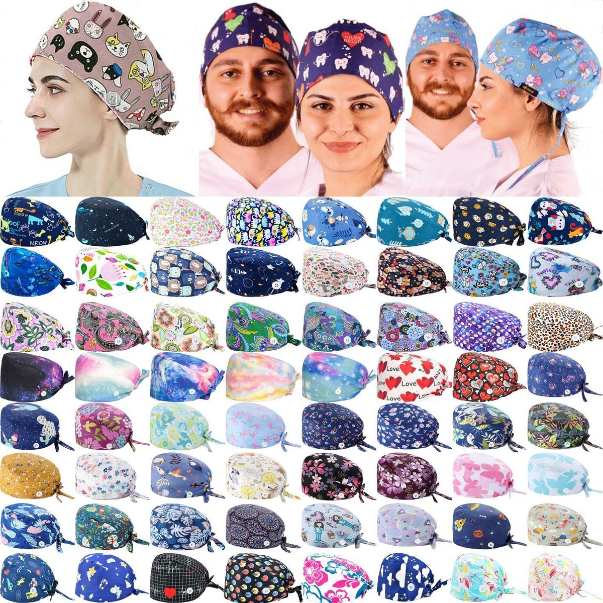 Surgical Scrub Cap Doctor Nurse Bouffant Hat Adjustable Head Cover with  Buttons#