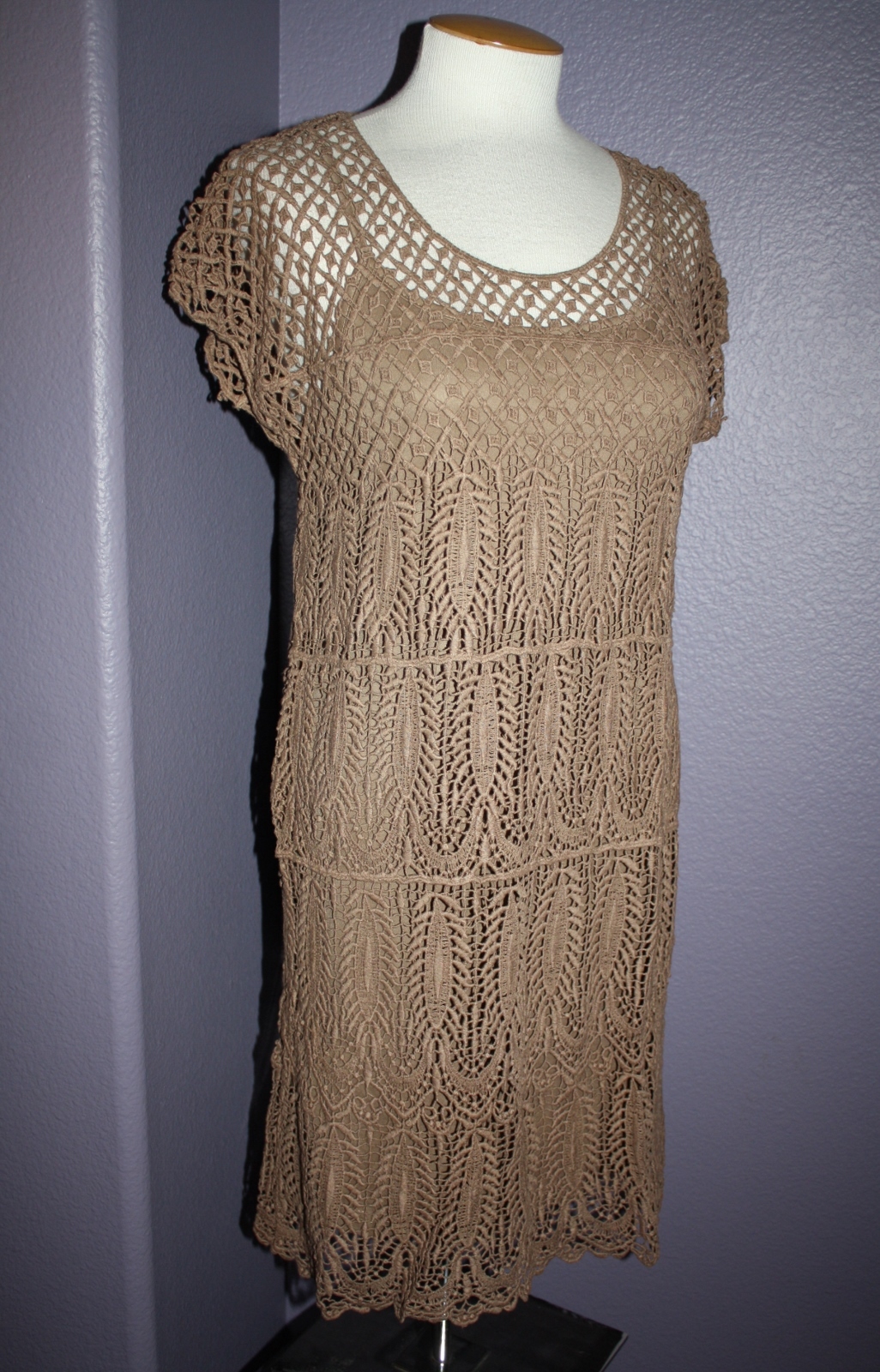 NWT Solitaire by Ravi Khosla Brown Boho Crochet Cap Sleeve Dress w/ Slip S