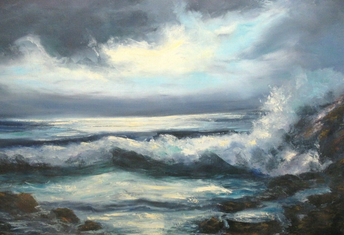 ドクロ　パールカラー 油絵絵画　artist m.t DELL HALEY HUGE ORIGINAL OIL ON CANVAS SEASCAPE PAINTING