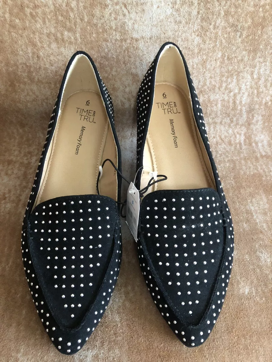 Time And Tru Memory Foam Black Studded Point Toe Slip On Flats
