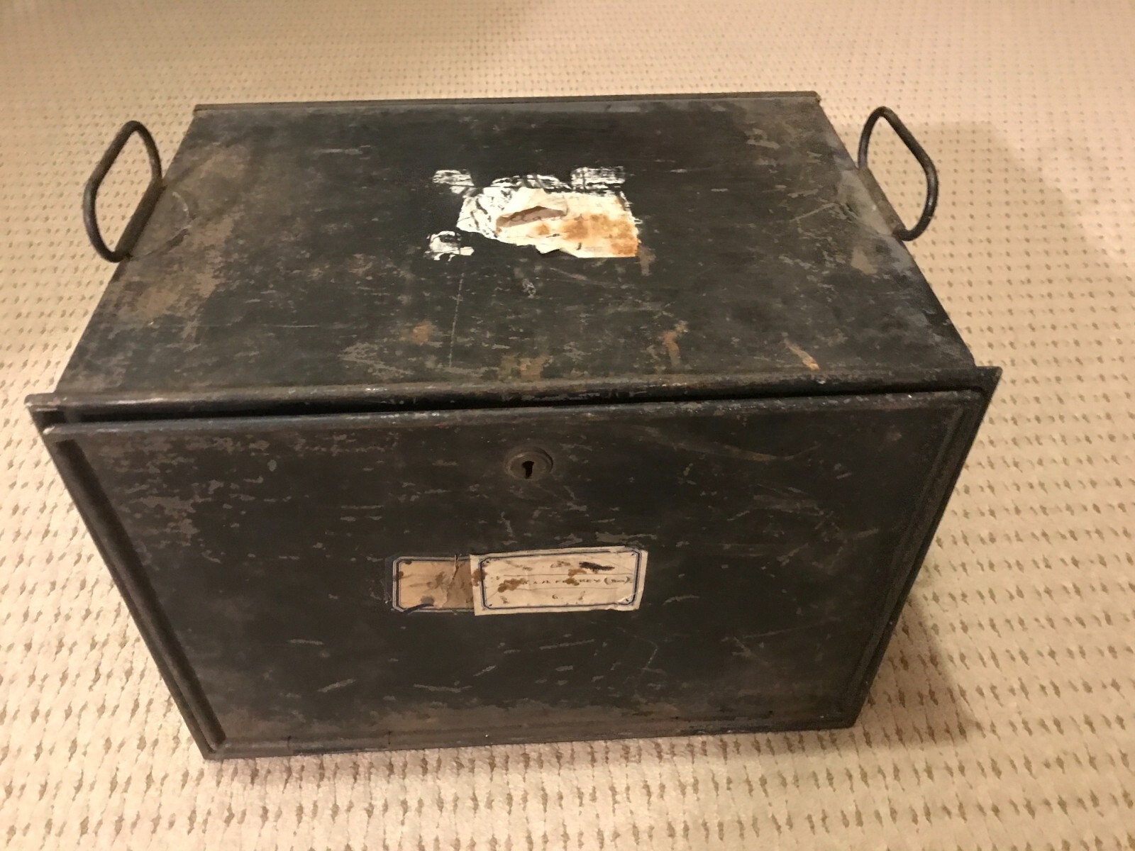 Antique vintage metal Strong Box Deed Box access flap at front