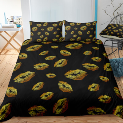 3D Mund Einfach Muster Schwarz Gold Quilt Cover Set Bettwäsche Sets Kissenbez...