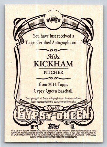 2014 Gypsy Queen Mike Kickham Rookie RC Autograph Auto #GQA-MK Giants Dodgers - Picture 2 of 2
