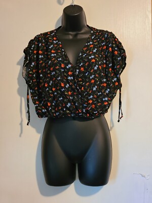 YMI Collections Juniors Black Floral Wrap Front Top Blouse 100% Rayon Size M