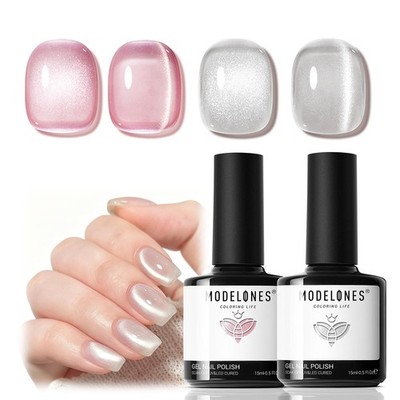 Modelones Heart Cat Eye Gel Nail Polish, 2 PCS 15ML Pink Sliver Holographic 9D