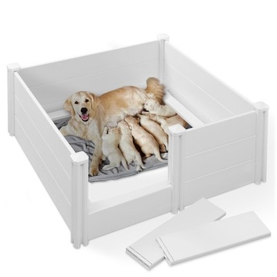Dog Whelping Box with Rails Lg. 48 x 48 x 18 Inch Heavy-Duty PVC Puppy Pen White